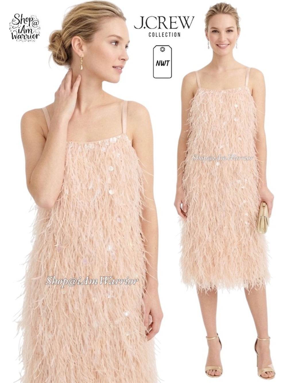 J.Crew Collection NWT *RARE* pale blush silk paillette feather slip dress